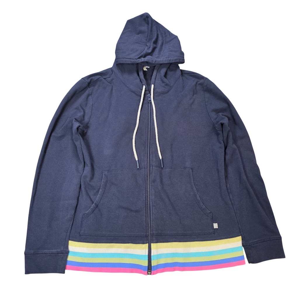 T by Talbots Full Zip Hoodie Women's Size L Navy Blue Rainbow Stripe‎ Hem